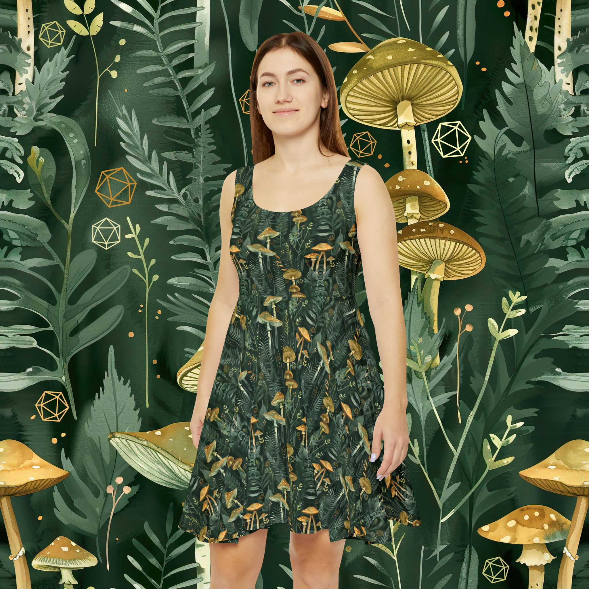 DND Botanical Forest Women's Skater Dress, Boho Chic, Multiple Sizes, Whimsical Minimalist, Floral Pattern, Dungeons and Dragons, Druid