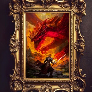 Dragon vs Warrior Princess, DND battle scene, Dragon Art, Fantasy Art, Magical Art, Fantasy Landscape Art, Digital Download, Wall Art