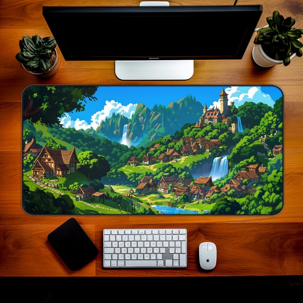 Beautiful Fantasy Village Landscape Desk Mat, Vintage Oil Cottagecore Mouse Pad, Fantasy Desk Mat, Desk Aesthetic, Larger Gaming Mouse Pad