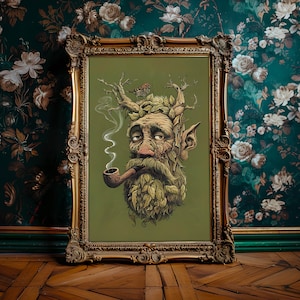 May include: A framed illustration of a green, leafy, humanoid figure with a pipe in its mouth. The figure has a long beard and a bird perched on its head. The background is a green color.