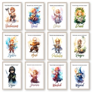Zestaw klas postaci DnD do przedszkola, zestaw 12 klas, pozytywne afirmacje, motywujące cytaty, sztuka pokoju dziecięcego fantasy, pobieranie cyfrowe