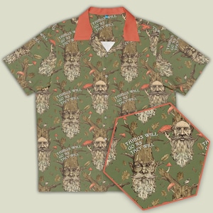 May include: A green and orange patterned button-up shirt with a repeating design of a bearded man's face with the text "Things will go as they will".