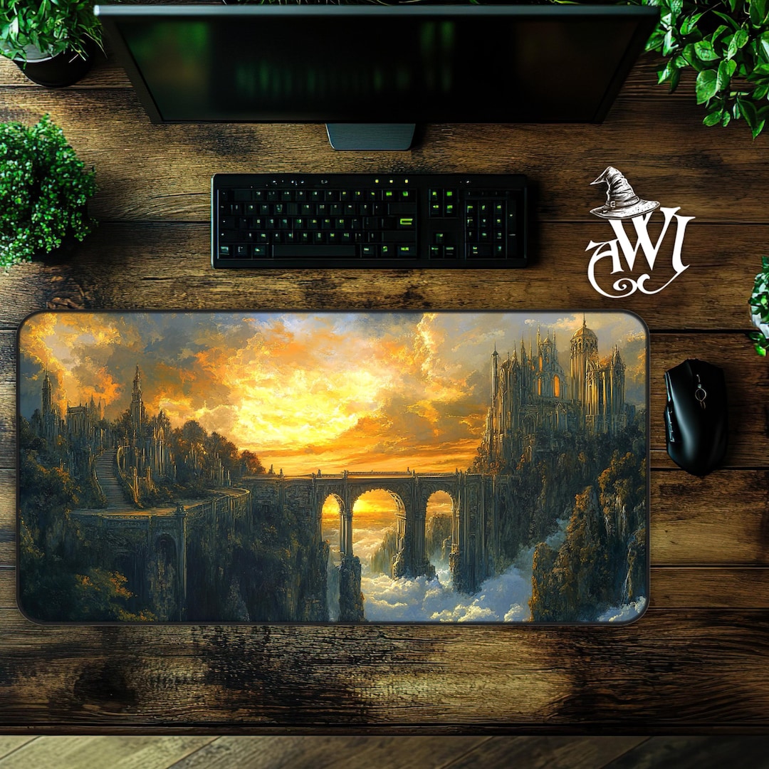 Beautiful Elvish Fantasy Castle Landscape Desk Mat Vintage Oil Light ...