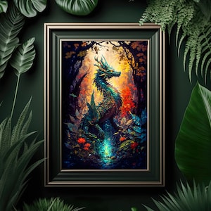 Forest Dragon Art, Fantasy Art, Mythical Art, Magical Art, Fantasy Landscape Art, Digital Download, Wall Art, Enchanted, Whimsical, Print