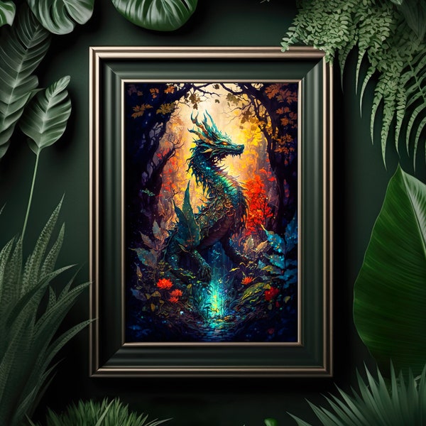 Forest Dragon Art, Fantasy Art, Mythical Art, Magical Art, Fantasy Landscape Art, Digital Download, Wall Art, Enchanted, Whimsical, Print