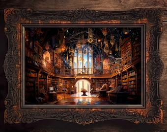 Fantasy Library Art, Books and Reading Art, Fantasy Art, Mythical Art, Magical Art, Digital Download, Wall Art, Whimsical, Decor, Print