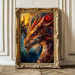 Dragon and Castle, Vintage Oil Art, Mystical Dragon Poster, Retro Fantasy Art, Magical Art, Cottagecore, Digital Download, Decor Art Print