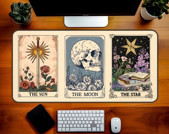 Tarot Cards Desk Mat, The Sun The Moon The Star, Earthy Boho Mouse Pad, Fantasy Desk Mat, Desk Mat Aesthetic, Larger Gaming Mouse Pad