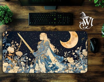 Female Medieval Knight Tapestry Style Desk Mat Mythical Celestial Fantasy Workspace Whimsical Boho Magical Sword Mousepad Vintage Aesthetic