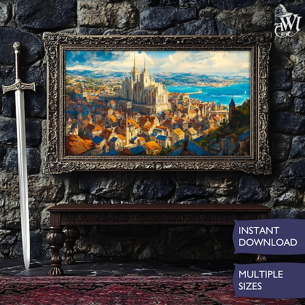 Stormwind City Large Horizontal Vintage Fantasy Wall Art Magical Landscape Digital Download Panoramic Decor World of Warcraft RPG Gaming