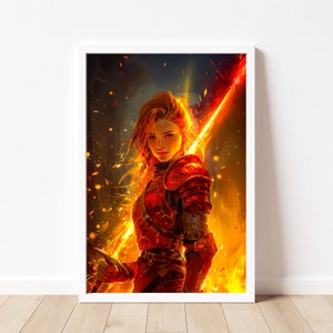 Puede incluir: Una mujer con armadura roja se encuentra en un fondo de fuego, sosteniendo una espada brillante. Las llamas son de color naranja y amarillo, y el cabello de la mujer es rojo.