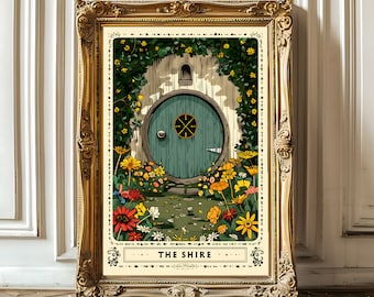 The Shire Tarot Card Print, Bookish Artwork, Earthy Boho, Earthy Celestial Poster, Folk Art, Mystical Tarot Card Art