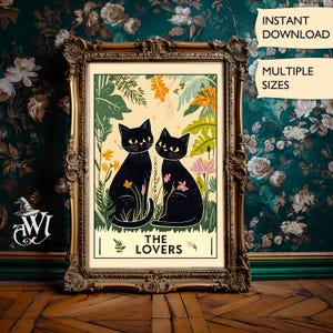 Die Liebenden Katzen Tarot Karte Druck Bücherwurm Kunstwerk Erdig Boho Celestial Poster Vintage Volkskunst mystisch Tarot Karte Kunst Digital Download