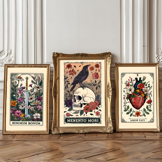 Set of 3 Stoicism Tarot Card Prints, Earthy Boho Set, Stoic Art, Memento Mori, Mystical Tarot Card Art, Philosophy Poster, Meditations, Set