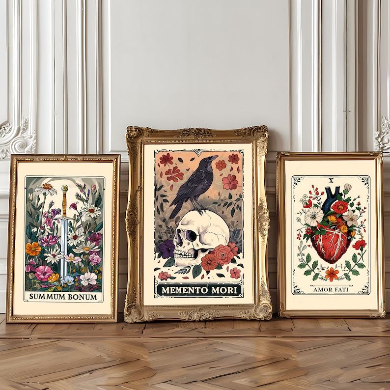 Set of 3 Stoicism Tarot Card Prints, Earthy Boho Set, Stoic Art, Memento Mori, Mystical Tarot Card Art, Philosophy Poster, Meditations, Set image 1