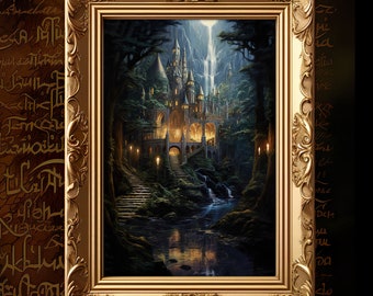 Puede incluir: Una pintura enmarcada de un castillo de fantasía ubicado en un bosque exuberante. El castillo está iluminado por luces cálidas y una cascada cae por el acantilado detrás de él. La pintura está sobre un fondo oscuro con un marco dorado.