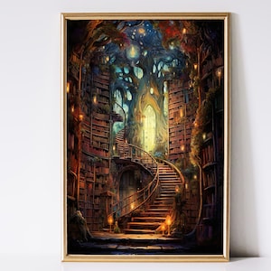 Fantasy Bibliothek Kunst, Bücher und Lesekunst, Fantasy Kunst, mythische Kunst, magische Kunst, digitaler Download, Wandkunst, wunderlich, Dekor, Druck
