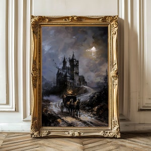 Schloss und Pferdewagen Vintage Öl Kunst Fantasy Fantasy Poster Stimmungsvoll Cottagecore Digital Download dunkel Academia Landschaft Dekor Gothicore Druck