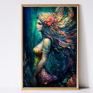Mermaid Art, Enchanted Forest Art, Fantasy Art, Mythical Art, Magical Art, Digital Download, Wall Art, Whimsical, Decor, Print
