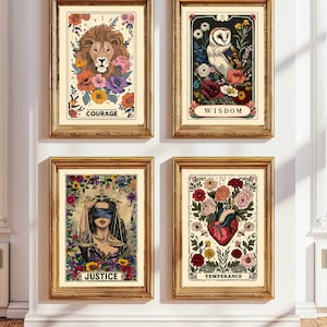 Conjunto de virtudes cardinales de 4 impresiones de cartas de tarot de estoicismo, conjunto boho terroso, cita estoica, dicho de coraje, arte de la sabiduría, cartel de filosofía, estoicismo