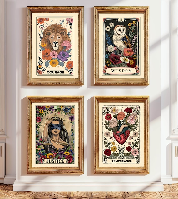 Cardinal Virtues Set of 4 Stoicism Tarot Card Prints, Earthy Boho Set, Stoic Quote, Courage Saying, Wisdom Art, Philosophy Poster, Stoicism