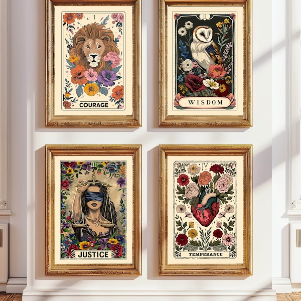 Ensemble de 4 tirages de cartes de tarot Stoïcisme Vertus cardinales, ensemble bohème terreux, citation stoïcienne, dicton de courage, art de la sagesse, affiche de philosophie, stoïcisme