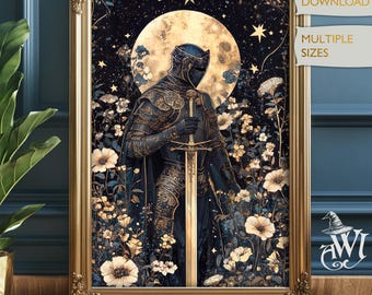 May include: A digital art print featuring a knight in black armor standing in a field of white flowers under a full moon. The knight holds a sword and is surrounded by a starry night sky.