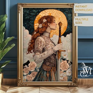 Puede incluir: Una ilustración digital de una mujer con armadura sosteniendo una espada. Tiene el pelo largo y rojo y lleva un vestido blanco y dorado. El fondo es azul oscuro con nubes y una luna amarilla.
