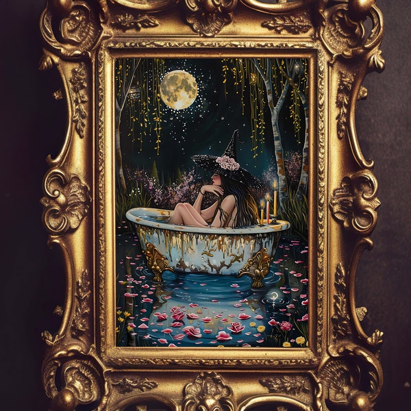 Witch in a Moonlit Tub, Dark Magical Art, Witchy Painting, Dark Cottagecore, Enchanted Forest Decor, Gothcore Vintage Print, Witchycore