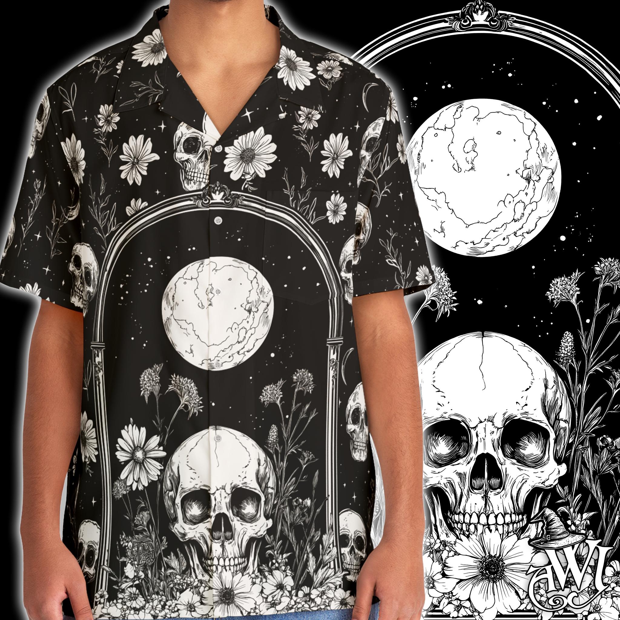Black Celestial Skull Men's Hawaiian Shirt Boho Floral Shirt Unisex Skeleton Moon Vintage Aesthetic Button Clothing Nerd Gift Idea Folk Art