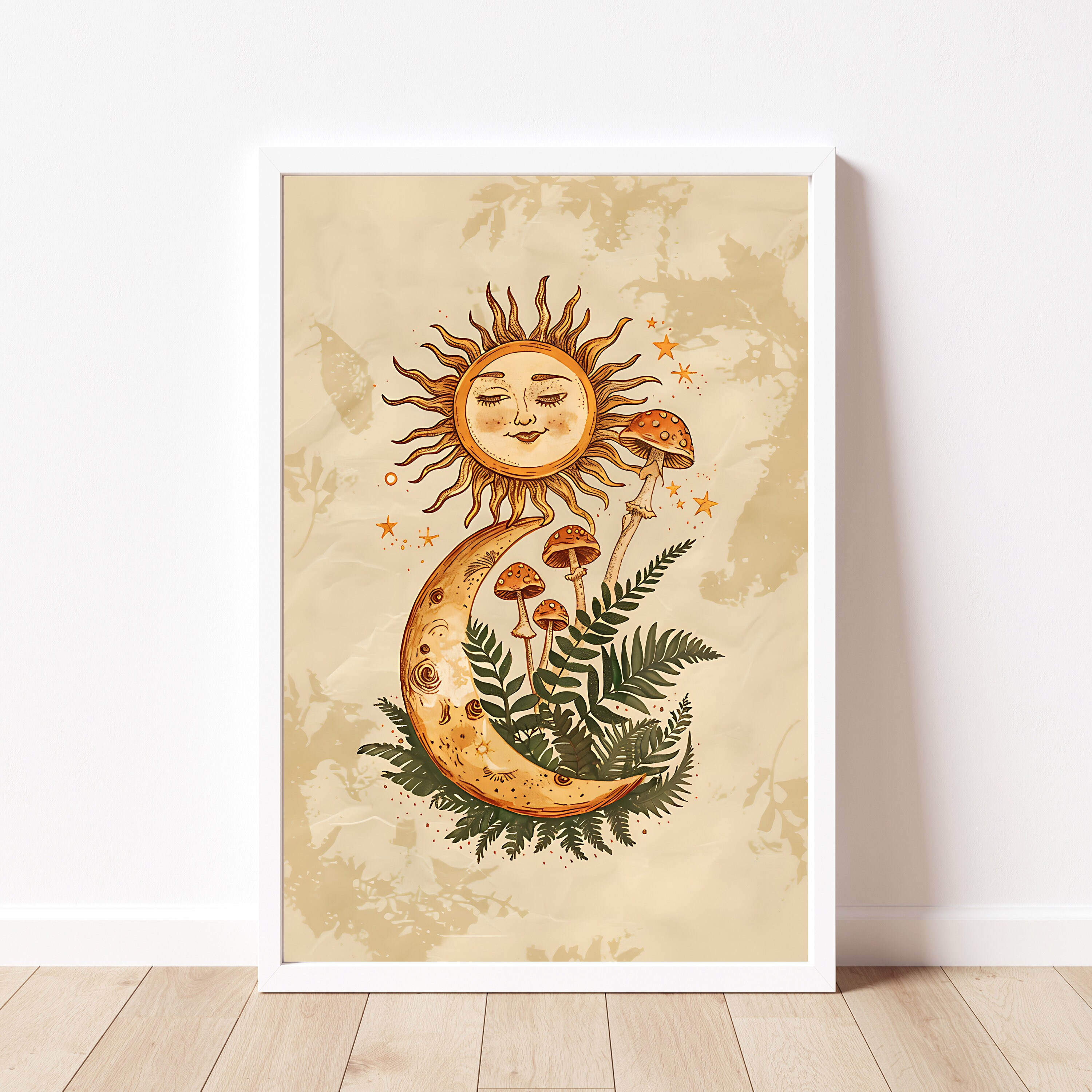 Celestial Sun \u0026 Moon Print, Earthy Boho, Earthy Celestial Poster, Folk Art, Vintage  Moon and Sun Wall Art, Mushroom Art, Retro Cottagecore - Etsy, image size:3000x3000