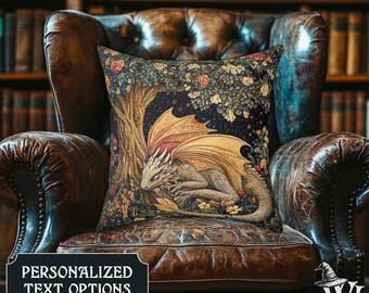 Sleepy Dragon Enchanted Forest Polyester Square Pillow Celestial Cottagecore Throw Home Decor Vintage Folk Art Medieval Aesthetic Cushion