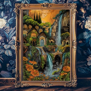 Rivendell Fantasy Location Art, Obra de arte librero, Boho terroso, Cartel celestial terroso, Arte popular, Arte de viaje místico, Idea de regalo LOTR