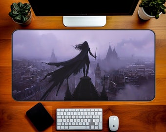 May include: A black and white illustration of a person standing on a rooftop overlooking a city. The person is wearing a long cloak and holding a sword. The city is shrouded in fog and the sky is a dark purple.