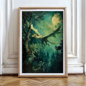 Walddrache, Vintage Ölkunst, mystischer Drache Poster, Retro Fantasy Kunst, magische Kunst, Cottagecore, digitaler Download, Dekor Kunstdruck