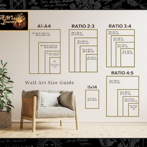 May include: A wall art size guide with different ratios and measurements in inches and centimeters. The guide shows the dimensions of various sizes of wall art, including 11x14, 2:3, 3:4, and 4:5 ratios. The guide is displayed on a white wall with a brown armchair in front of it.