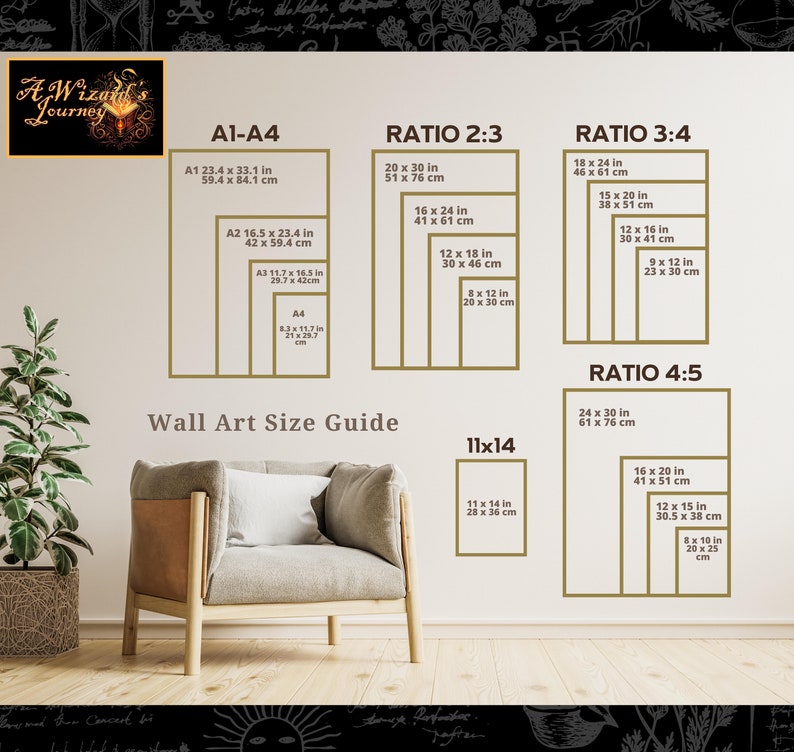 May include: A wall art size guide with different ratios and measurements in inches and centimeters. The guide shows the dimensions of various sizes of wall art, including 11x14, 2:3, 3:4, and 4:5 ratios. The guide is displayed on a white wall with a brown armchair in front of it.