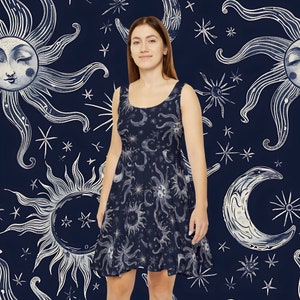 Celestial Sun & Moon Women&#39;s Skater Dress, Whimsical Boho Feminism Dress, Earthy Celestial Dress, Vintage Mushroom Dress