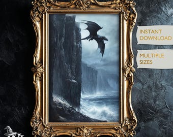 May include: A digital art print of a black dragon flying over a stormy sea with cliffs in the background. The print is framed in a gold ornate frame.