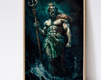 Arte del dios griego Poseidón, arte de la mitología griega, arte de fantasía, arte mítico, arte mágico, descarga digital, arte de pared, vintage, decoración, impresión