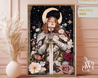 May include: A digital illustration of a woman in armor standing in a field of flowers. She is holding a sword and has a crescent moon above her head. The background is a dark blue with stars.