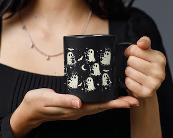 Cute Halloween Ghost Black Mug 11oz Fall Coffee Cup Spooky Boo Mug for Kids Teacher Gift Halloween Party Favor Fall Aesthetic Drinkware