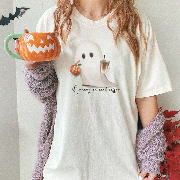 Running On Iced Coffee Little Ghost Coffee Shirt Halloween Coffee Lover Gift Fueled By Ice Coffee It'S Pumpkin Spice Season Fall Tshirt