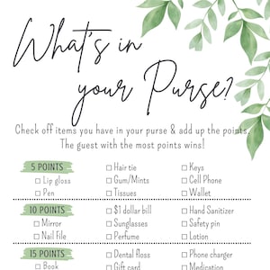 May include: A white printable game card titled "What's in your Purse?" with a list of items and point values. The card features green leaf accents and is designed for a party game.