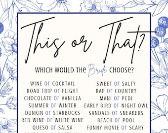 Bridal Shower Game - Digital Download - Blue Floral - Something Blue - This or That?