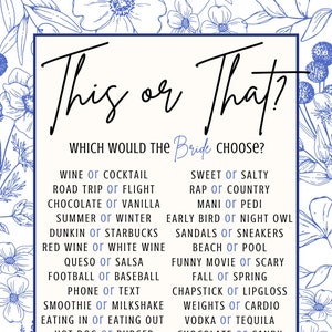 Bridal Shower Game - Digital Download - Blue Floral - Something Blue - This or That?