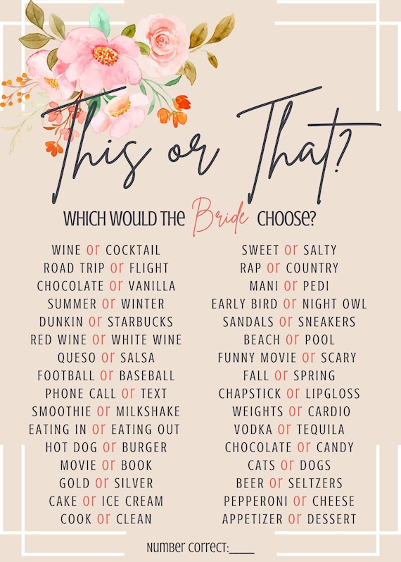Bridal Shower Game - Digital Download - This or That?