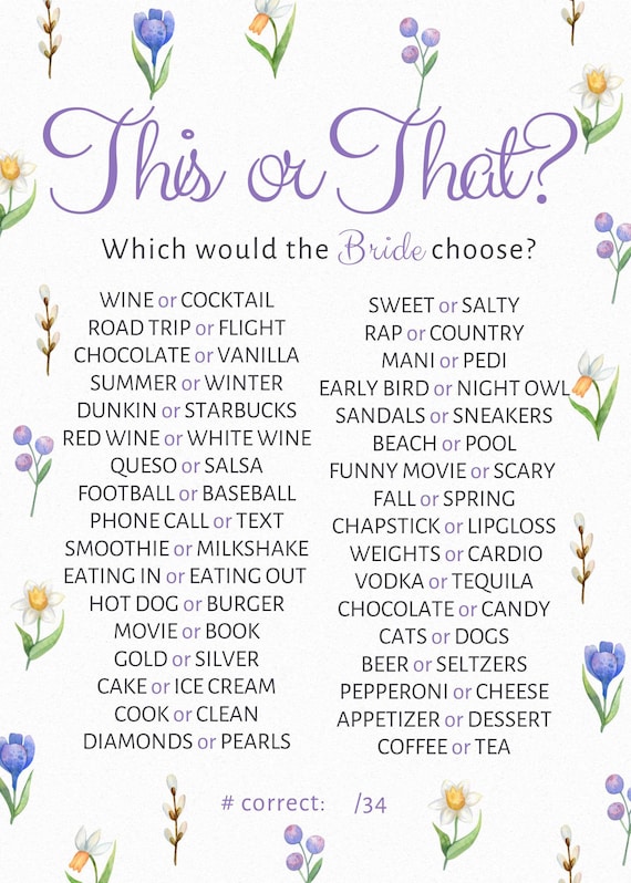 Bridal Shower Games - Floral Design - This or That? Digital Download
