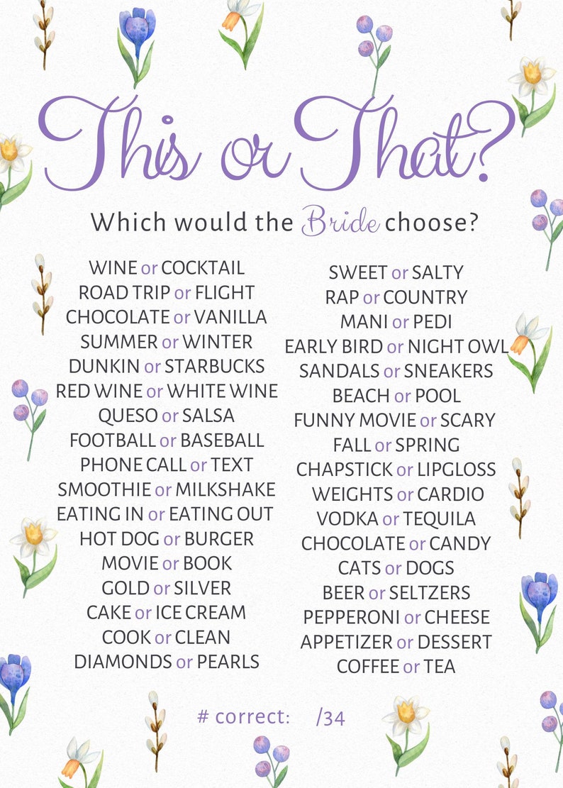 Może przedstawiać: Aquarelowe ilustracje gry na wiecz&oacute;r panieński z tekstem "This or That? Which would the Bride choose?" i listą 16 par wybor&oacute;w. Wybory są napisane fioletowym tekstem ze słowem "or" między każdą parą. Ilustracja jest ozdobiona akwarelowymi kwiatami.