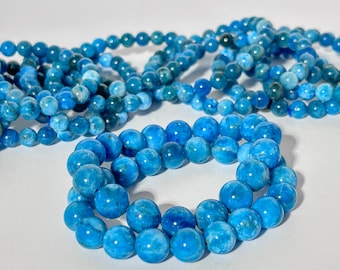 Pulsera elástica de cuentas redondas de cristal de apatita azul